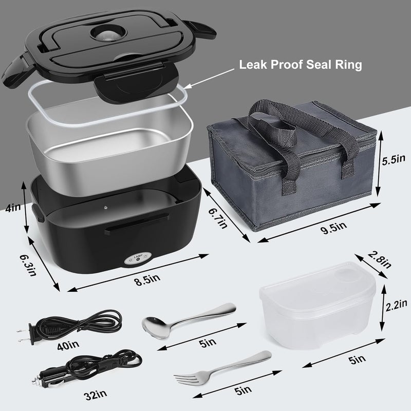 Vabaso Electric Lunch Box for Adults, 80W Heated LunchBox Portable Food Warmer Lunch Box for Work/Men/Car/Truck with 1.5L 304 Stainless Steel Container Fork & Spoon, 110V/12V/24V - Image 5